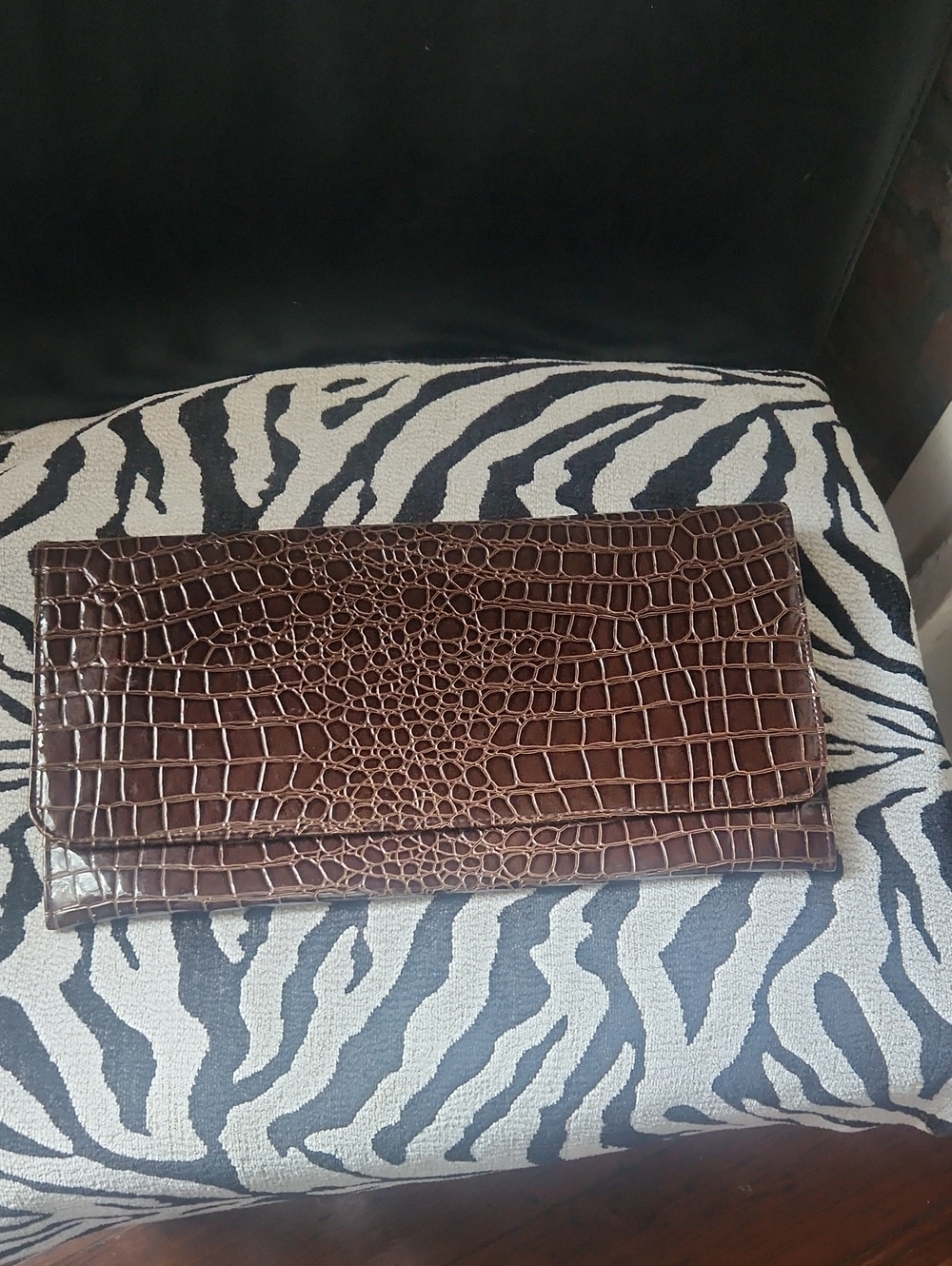 Brown Croc-Embossed Leather Clutch